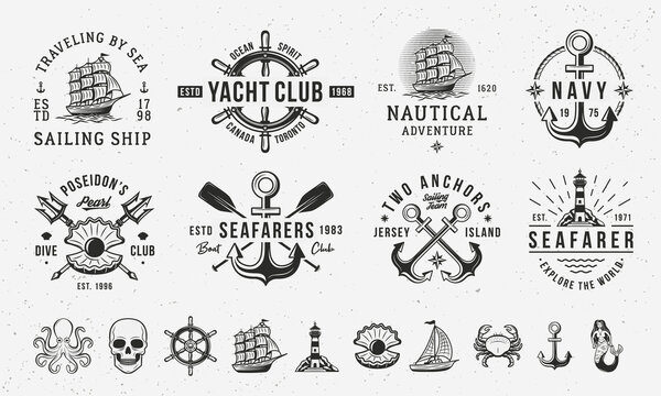 Vintage hipster logo templates and 10 design elements for Nautical emblems. Nautical, Sea, Marine emblems templates. Octopus, Sea Ship, Anchor, Crab icons.Vector illustration
