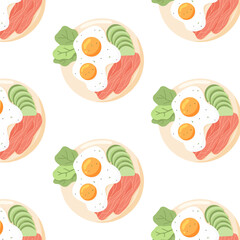 Pattern with fried eggs. Seamless pattern with scrambled eggs and fish on a plate. Vector illustration in cartoon style.