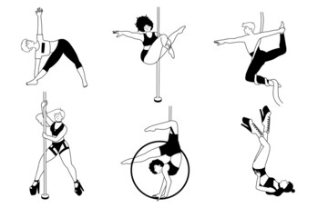 Set of various acrobatic and dance styles. Pole dance, aerial silks and hoop, flexibility and stretch, exotic floorwork. Modern studio. Diversity characters, body shapes.