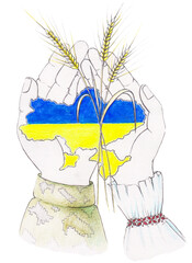 Ukraine in the hands of a man and woman with ears of oats on a white background .Patriotic style.