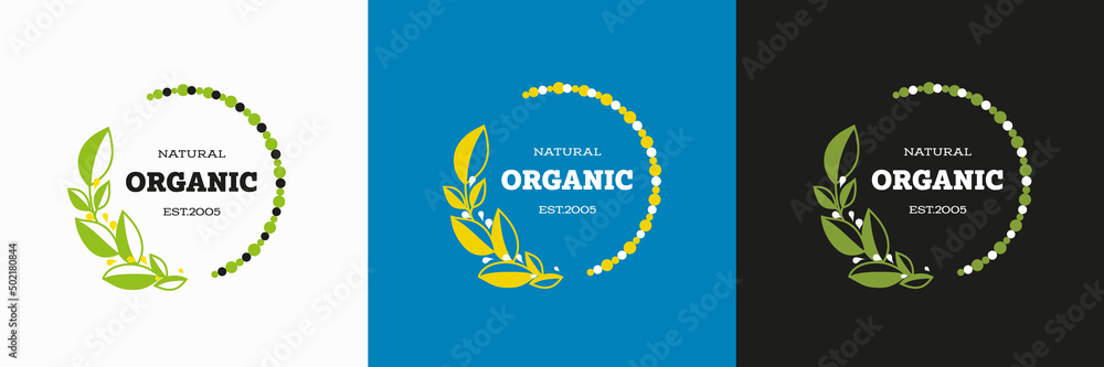 Poster vector logo in a circle with green leaves, round elements for an ecological product.