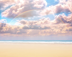   meadow  green field  and tree  Rainbow  blue sunset cloudy  sky with pink clouds  floral  summer beach holiday countryside