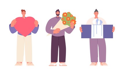 Men holding heart, present box and flower bouquet. Congratulation male characters, greetings to birthday, woman day or romantic dating. Vector cartoon isolated boys