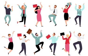 Happy business team. People jumping in office suits, motivation and cheers for workers. Friendly professionals, decent corporate vector characters