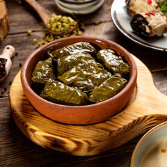 Georgian national appetizer dolma rolls with grape leaves