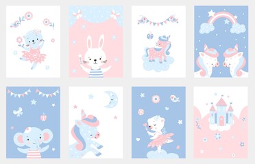 Postcard with cute animals. Cartoon greeting postcards, baby born shower posters. Unicorn, elephant, ballerina animal. Notebook nowaday vector covers