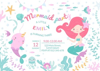 Mermaid birthday party for baby poster template. Cartoon cute girls invite, sea fish and underwater tale world elements. Little princess nowaday vector background - obrazy, fototapety, plakaty