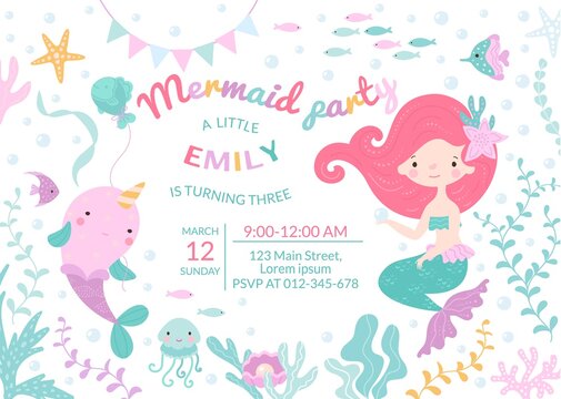 Mermaid birthday party for baby poster template. Cartoon cute girls invite, sea fish and underwater tale world elements. Little princess nowaday vector background