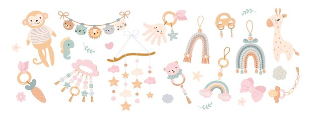 Scandinavian nursery boho style elements. Baby toys, rainbow, giraffe and monkey. Doodle decorative flat contemporary nowaday vector design © MicroOne