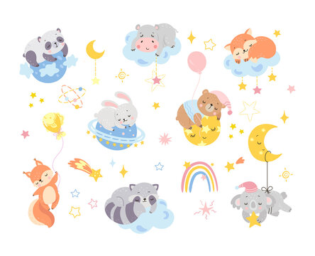 Cartoon animal sleep. Baby cute animals sleeping and hugging cloud moon planet. Wizard forest characters, child room funny decor. Night dream nowaday vector bundle