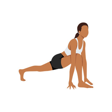 Woman doing high lunge pose alanasana exercise. Flat vector illustration isolated on white background