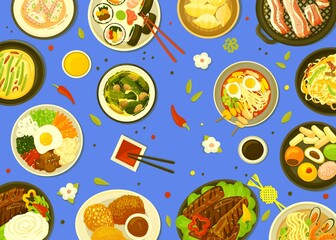 Top view korean meal. Barbecue asian or traditional buffet. Lunch soup, kimchi and bbq. Vegetarian and meat dishes, oriental food, neoteric vector background