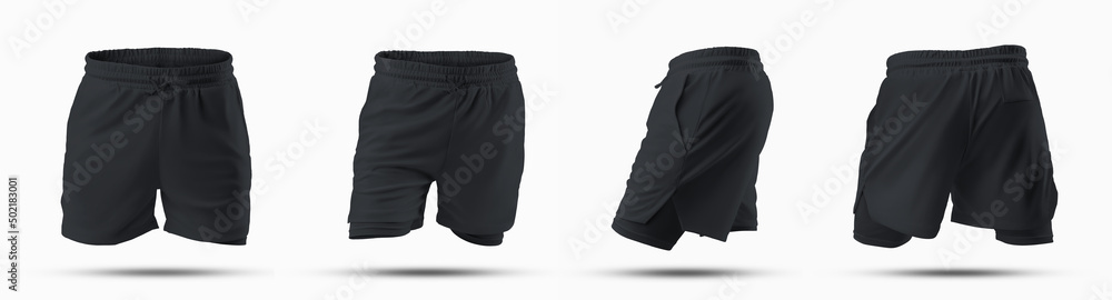 Wall mural Mockup of black loose shorts with underpants compression line, 3D rendering, isolated on background, front, back, side view.