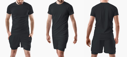 Mockup of a black t-shirt, shorts with a compression line of underpants, on a sporty man isolated...