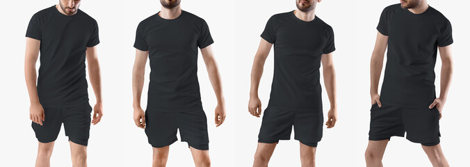 Mockup of a black t-shirt, loose shorts with underpants compression line, on a man isolated on background, front view.