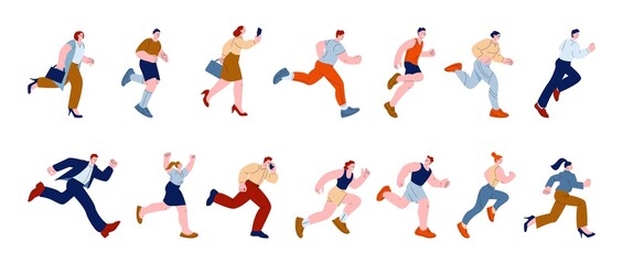 People running. Activity group run, business person rush to success. Isolated young runners and excited man and woman. Flat kicky athletes vector kit