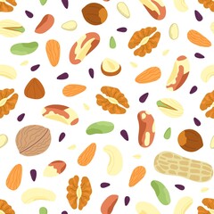 Nuts seamless pattern. Abstract mix seeds, raw ingredients, dried fruits and nut. Fresh vegan food print, beans, hazelnut decent vector background