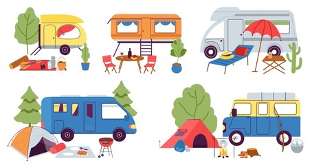 Fototapeta na wymiar Hiking tools and camping rest. Flat tent, campers and home on wheels. Trip adventures on nature. Summer recreational equipment decent vector scenes