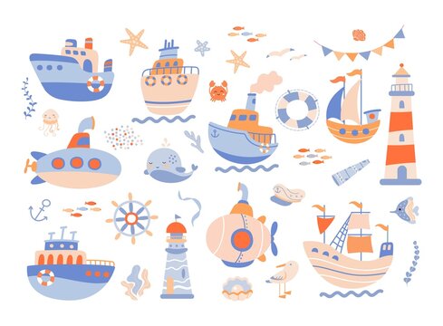 Marine adventures set. Cute whale and funny crab, sailor team objects. Kids ship, sailboat and submarine, childish sea party nowaday vector collection