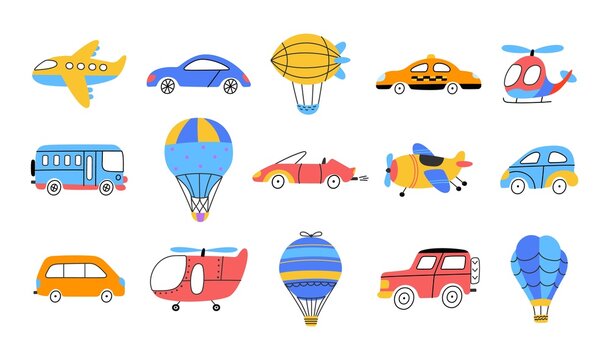 Isolated children transport. Cartoon kids airplane, cars and hot air balloons. Flat vehicles clipart, auto and aircraft. Nowaday transportation vector set