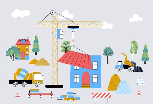 Building houses childish print. Cute poster with home, construction transport and tree. Tiny town for baby, nowaday village scandinavian vector background