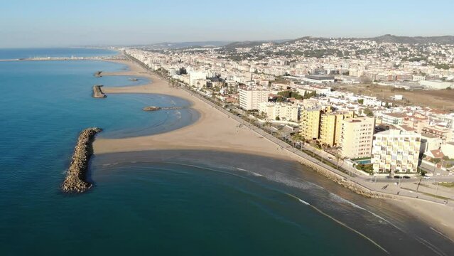 View from drone of Cunit beach and mediterranean sea at Catalonia, Spain