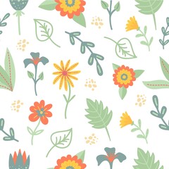 Aesthetic floral seamless pattern. Eclectic flowers decor, minimal cute print with drawing leaves. Abstract amazing scandi boho neoteric vector background