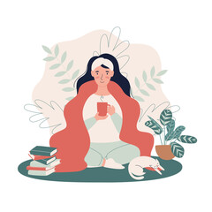 Young woman drinking tea or coffee and sitting in lotus pose at home with cozy blanket and a cat. Flat vector illustration.