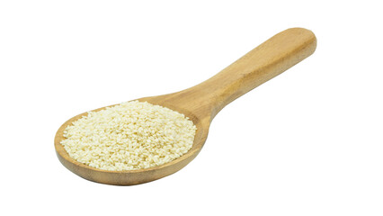 Sesame seeds in a wooden spoon isolated on white background top view