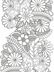 Doodle floral in black and white. A page for coloring book: very interesting and relaxing job for children and adults. Zentangle drawing. Flower carpet in a magic garden