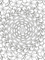 Doodle floral in black and white. A page for coloring book: very interesting and relaxing job for children and adults. Zentangle drawing. Flower carpet in a magic garden