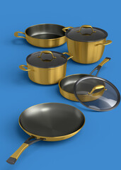 Set of stewpot, frying pan and chrome plated cookware on blue background