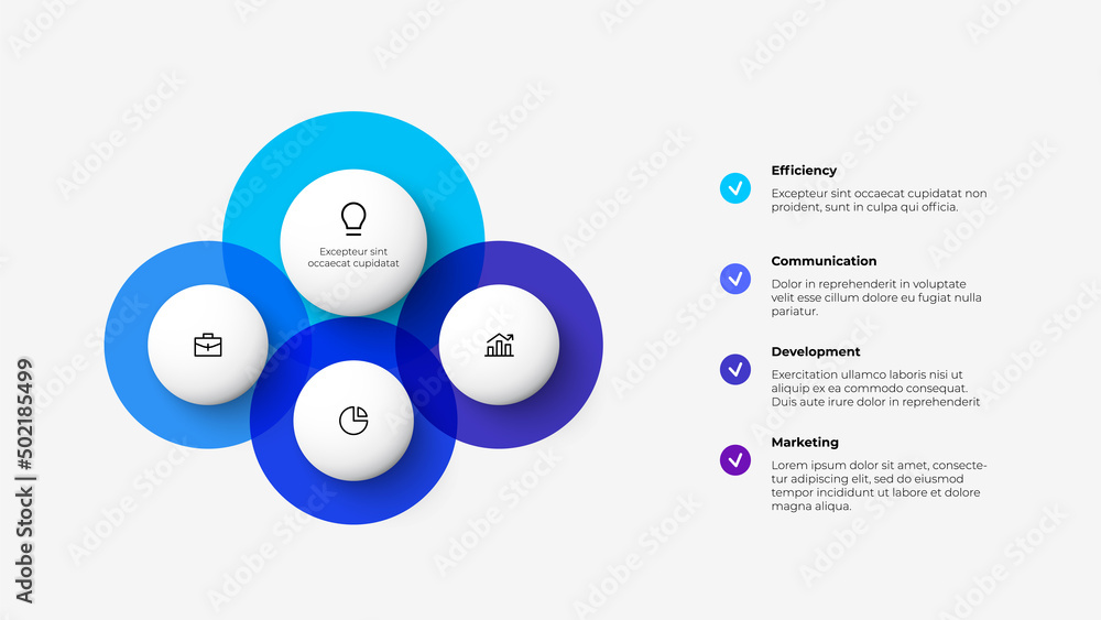 Poster Flowchart diagram with 4 circle elements. Concept of business project hierarchy visualization with four options. Infographic design template