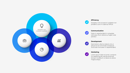 Flowchart diagram with 4 circle elements. Concept of business project hierarchy visualization with four options. Infographic design template
