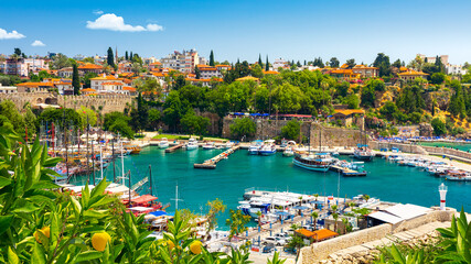 Fototapeta premium Harbor in the old city of Antalya Kaleici Old Town. Antalya, Turkey