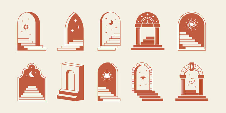 Minimal surreal doors stairs. Boho line arch, staircase, mystic frames, abstract geometric art. Vector illustration