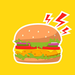 Simple chicken Burger icon. burger with lightning. Vector Fast food illustration flat icon juicy delicious hamburger isolated on yellow background
