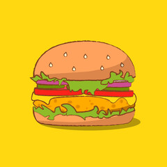 Simple chicken Burger icon. Vector Fast food illustration flat icon juicy delicious hamburger isolated on yellow background.