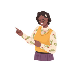 Female personage on presentation, presenting and sharing new ideas and products. Vector flat cartoon character at work, boss or company leader pointing creative solutions on meeting