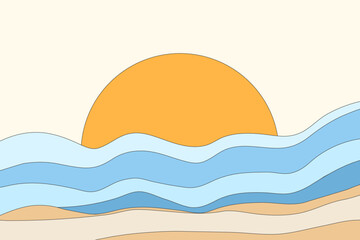 The landscape of sea wave structure background. Orange circle looks like a sun wallpaper in an abstract style