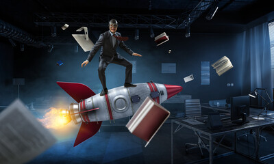 Businessman on a rocket . Mixed media