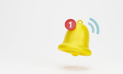 3D rendering, 3D illustration. Yellow notification bell is ringing with one new notification on white background. Minimal social media element.