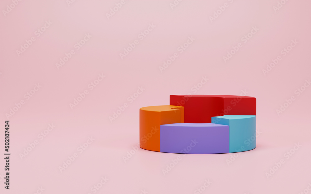 Poster 3d render, 3d illustration. pie chart infographic icon. simple circle diagram graph icon on pink pas