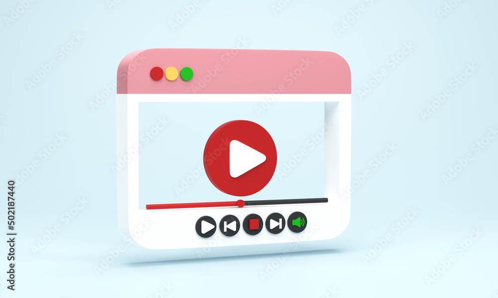 Poster 3d render 3d illustration. minimal style video player media with play button on blue background. vid