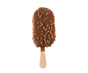 Cold ice cream with chocolate and nuts on a stick. Chocolate popsicle with nuts on a stick on a white background. Isolated
