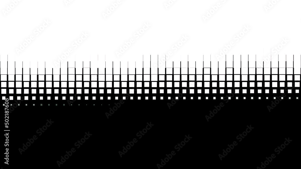 Poster black and white abstract animation of cgi motion graphics with white pixels moving down on the black