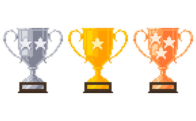 Pixel art trophy cups. Silver, golden and bronze goblets with stars. Achievement flat icons.