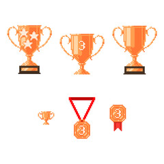 Winner trophy award. Bronze goblet and medal pixel art icon. Bronze cup for third place. 8-bit style.