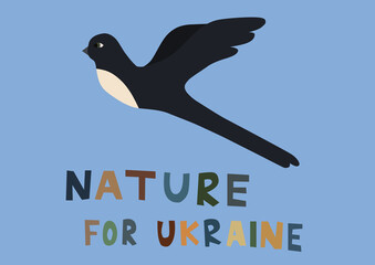 illustration of bird near nature for ukraine lettering on blue.