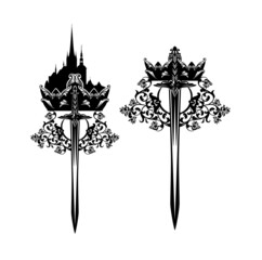 fairy tale medieval castle and royal crown with rose flowers and king sword blade - black and white vector design for fantasy knight hero
